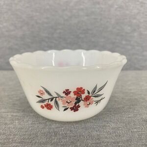 Vintage Fire King Dessert Bowl White Floral Milk Glass Scalloped Edge USA